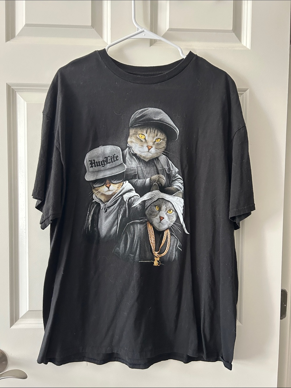Men's Black Graphic Short Sleeve Tee with Cat Crew Artwork XXL Funny Cat Shirt